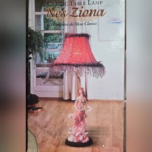Classic Table Lamp with Figurine and  Red Shade Ziona